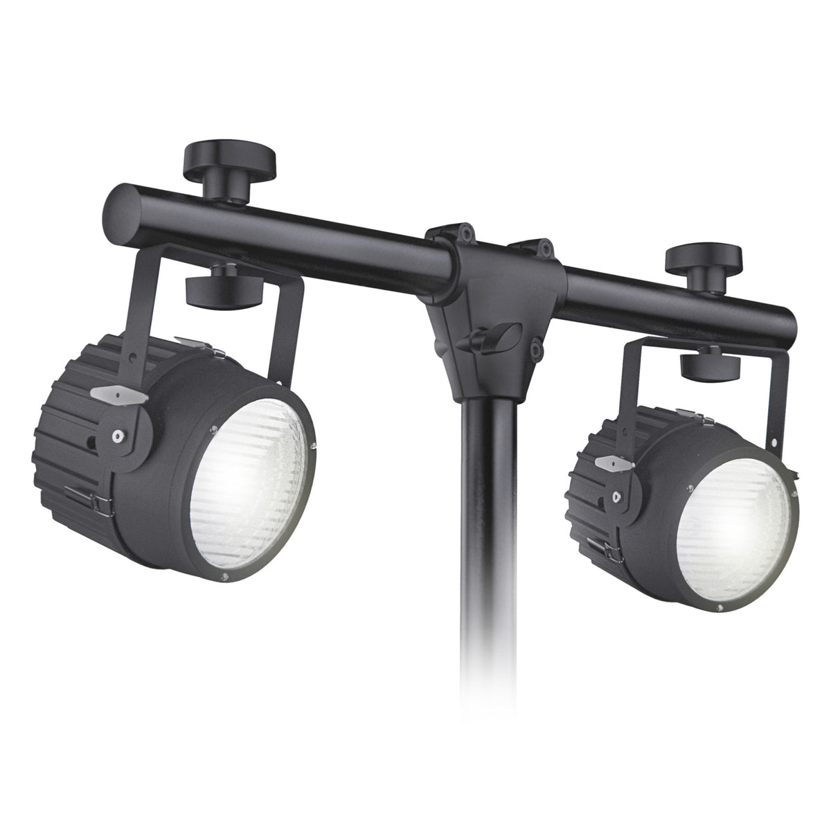 24637 steel crossbar mounted on a stand top holding two black par-style lights hung from bracket yokes on the bar, K&M