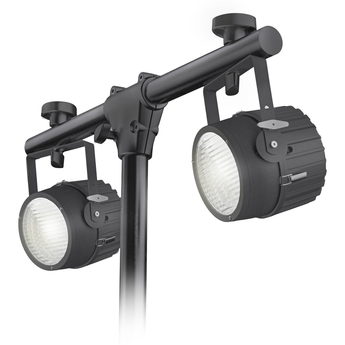 24637 steel crossbar centre-mounted on a stand pole, angled view with two lighting fixtures clamped under the bar, K&M