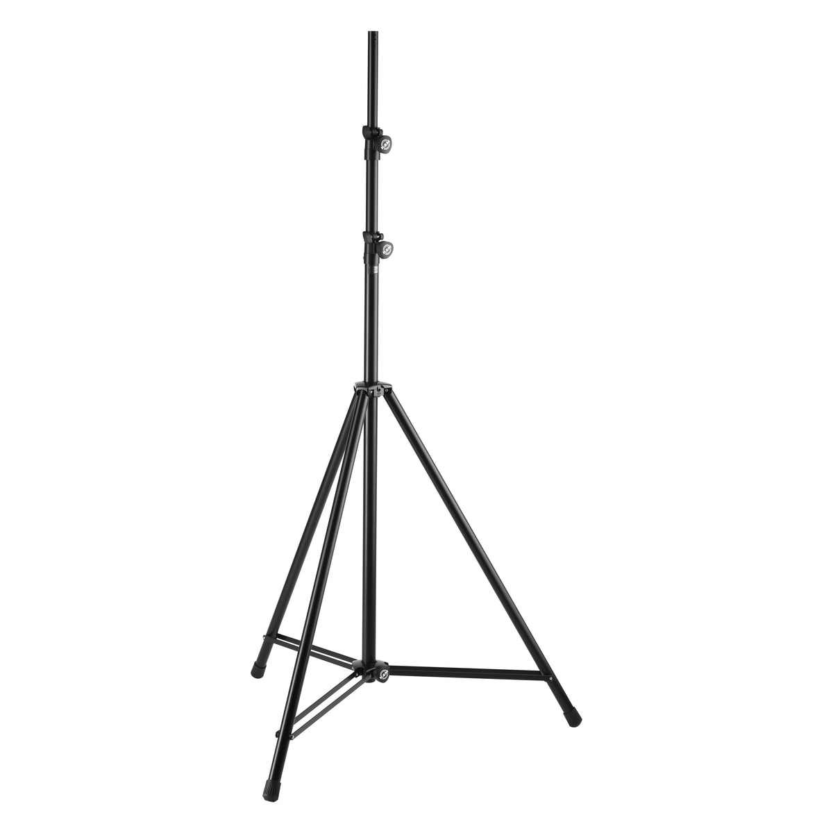 24640.009.55 heavy duty lighting stand full front view fully extended with black tripod legs, leg braces and two clamp knobs on the telescopic tubes, K&M
