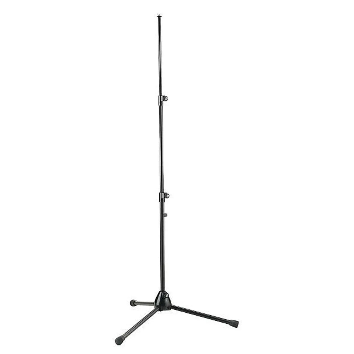 25100 tripod mic stand full front view extended with two telescoping shaft clamp knobs and rubber-tipped folding legs on white background, K&M
