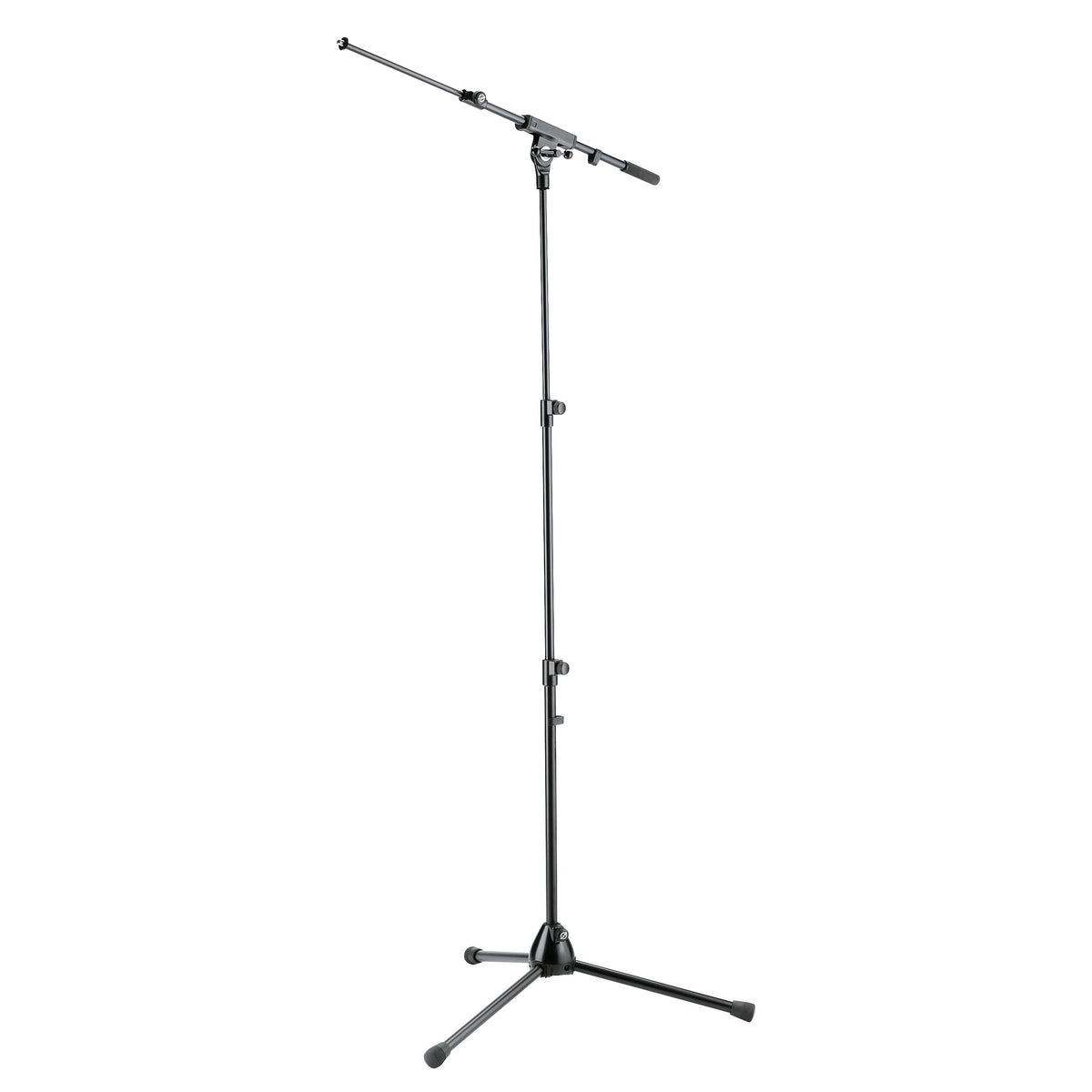 25200 tripod mic stand full front view with telescoping boom arm extended and tripod base legs with rubber feet, K&M