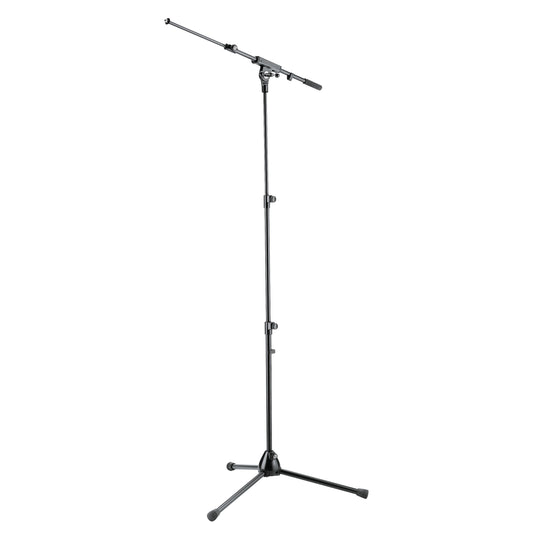 25200 tripod mic stand full front view with telescoping boom arm extended and tripod base legs with rubber feet, K&M
