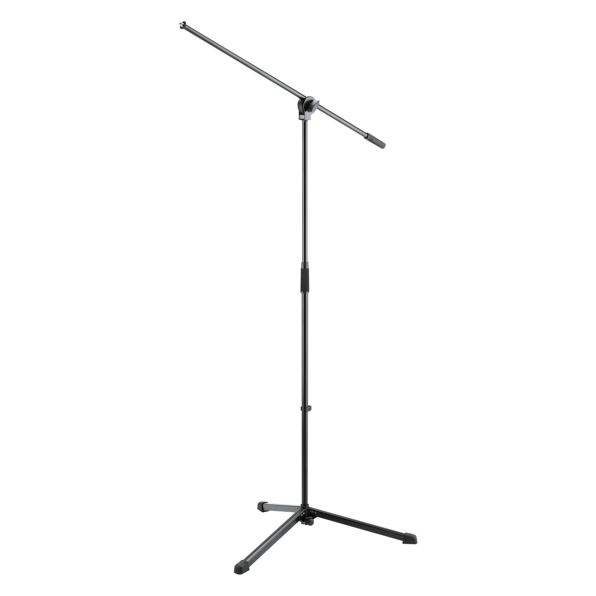 25400 tripod mic stand full front view with one-piece boom arm extended and folding tripod legs with rubber feet, black, K&M