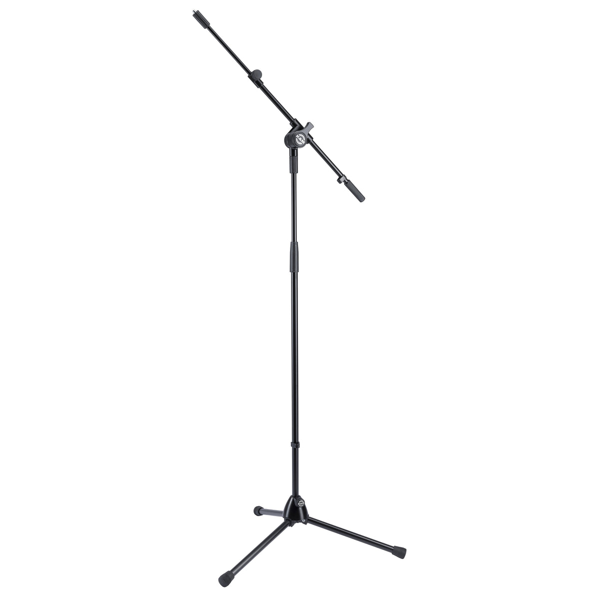 25600 telescopic boom mic stand full view with folding tripod legs and extended boom arm in black, K&M