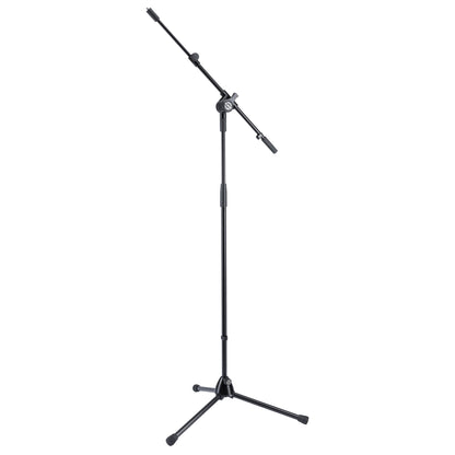 25600 telescopic boom mic stand full view with folding tripod legs and extended boom arm in black, K&M
