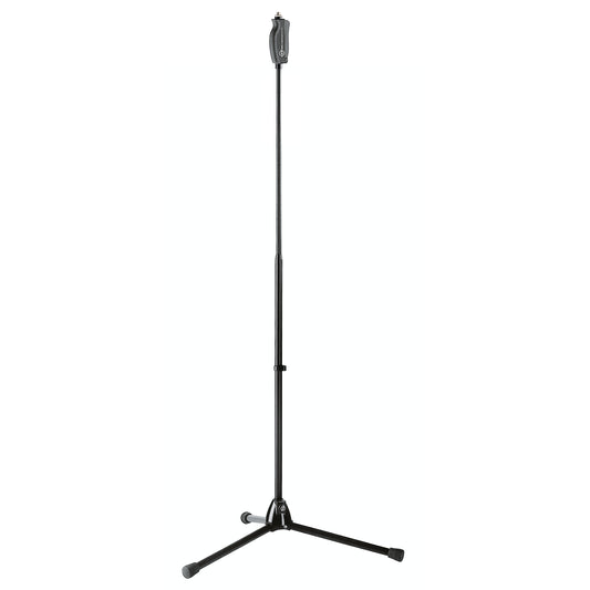 25680 one-hand clutch tripod mic stand full-length front view fully extended with black telescoping boom, top clutch grip and folding tripod legs with rubber feet, K&M