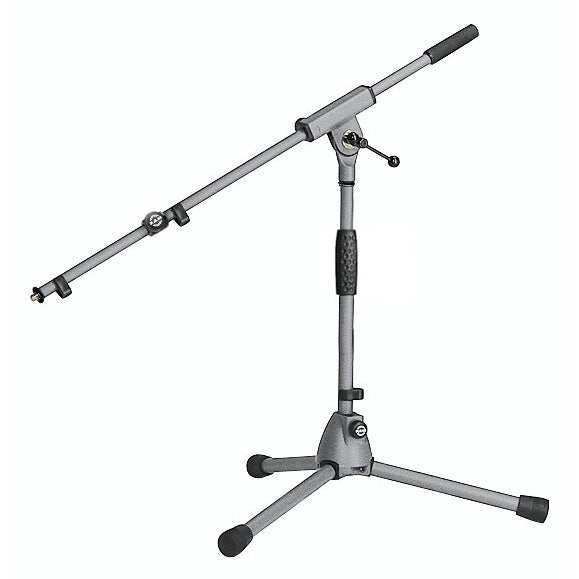 25900 short tripod boom stand full view in gray with adjustable boom arm, sliding counterweight and folding tripod legs with rubber feet, K&M