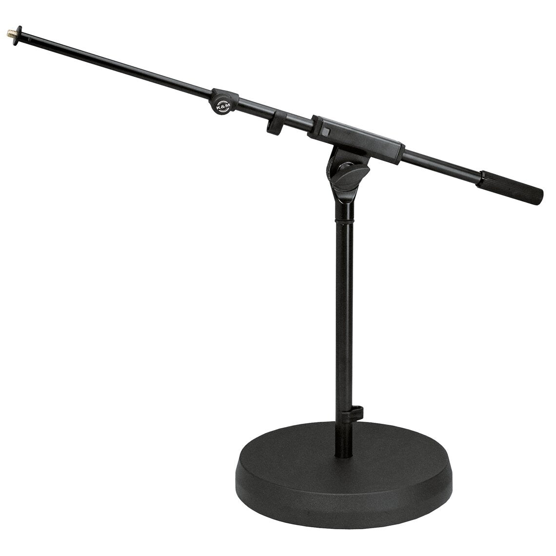 25960 low profile mic stand full front view with telescopic boom extended and round black base, K&M