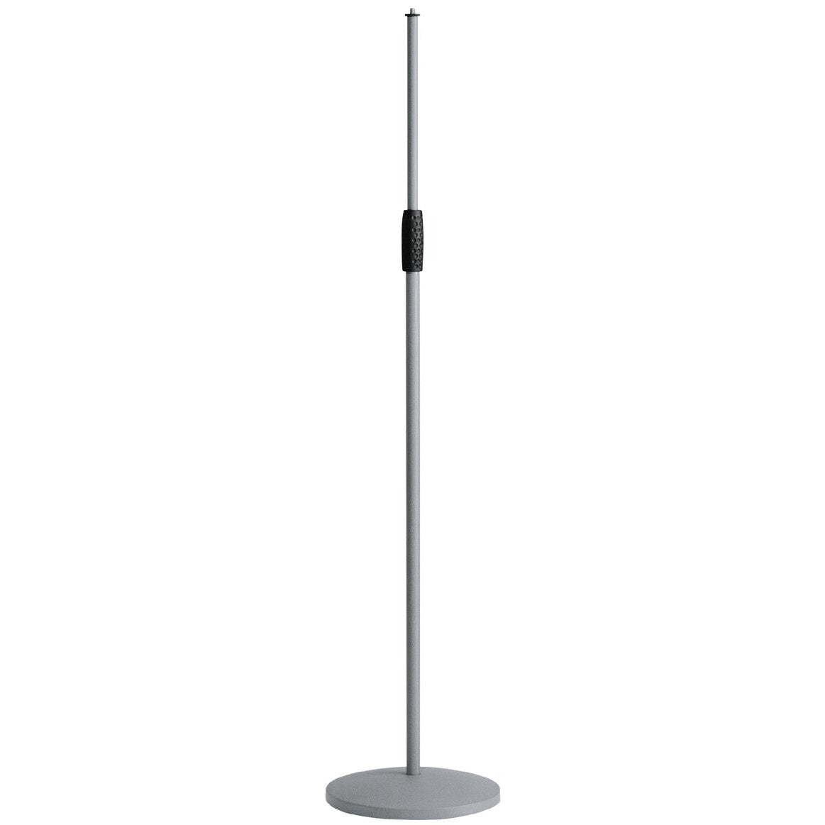 26010 microphone stand full front view with round gray base, gray telescoping tube and black dimpled clamp grip, K&M