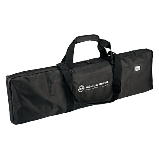 26019 carrying case for 3 microphone stands front view showing black padded nylon body, carry handles, shoulder strap and König & Meyer logo pocket, K&M