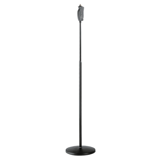 26085 one-hand clutch mic stand full front view with round black base and telescoping boom shaft, grey clutch grip at top, K&M