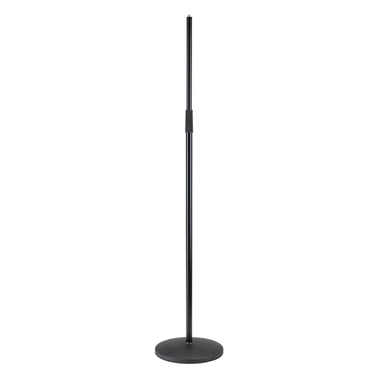 26125 heavy duty round base mic stand full front view with straight black shaft, clutch collar and cast round base, K&M