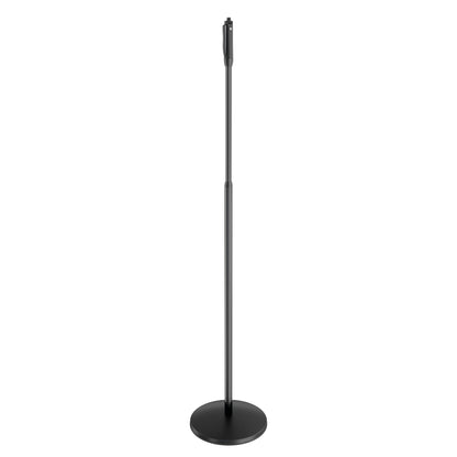 26200 Elegance One-Hand mic stand full front view, black round base with telescoping tube and release grip at top, K&M
