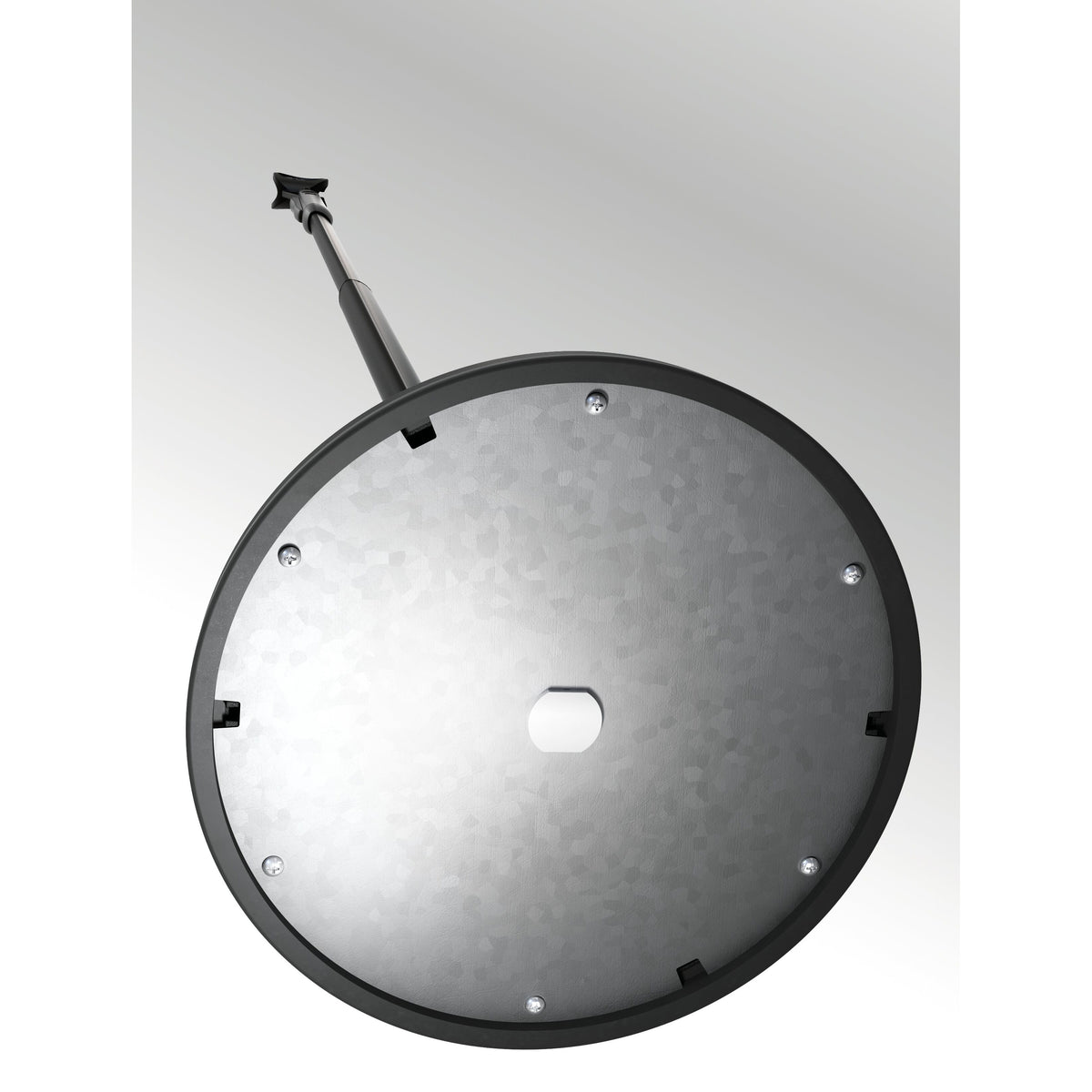 26200 Elegance One-Hand mic stand underside of round base showing galvanized steel plate, screws and center cutout, K&M
