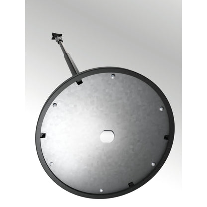 26200 Elegance One-Hand mic stand underside of round base showing galvanized steel plate, screws and center cutout, K&M