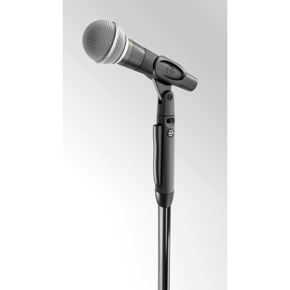 26200 Elegance One-Hand mic stand with dynamic microphone mounted in clip, side release grip and K&M badge visible, K&M
