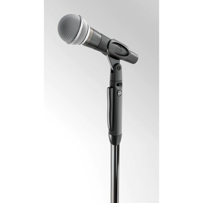 26200 Elegance One-Hand mic stand with dynamic microphone mounted in clip, side release grip and K&M badge visible, K&M
