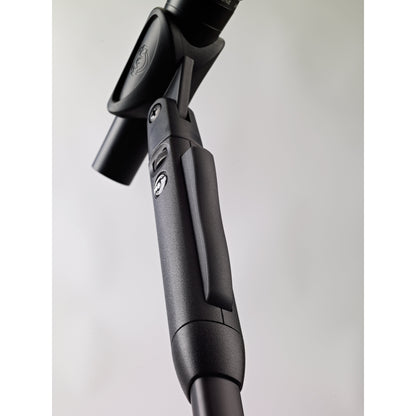 26200 Elegance One-Hand mic stand angled low view of textured grip housing and release lever below the microphone clip, K&M