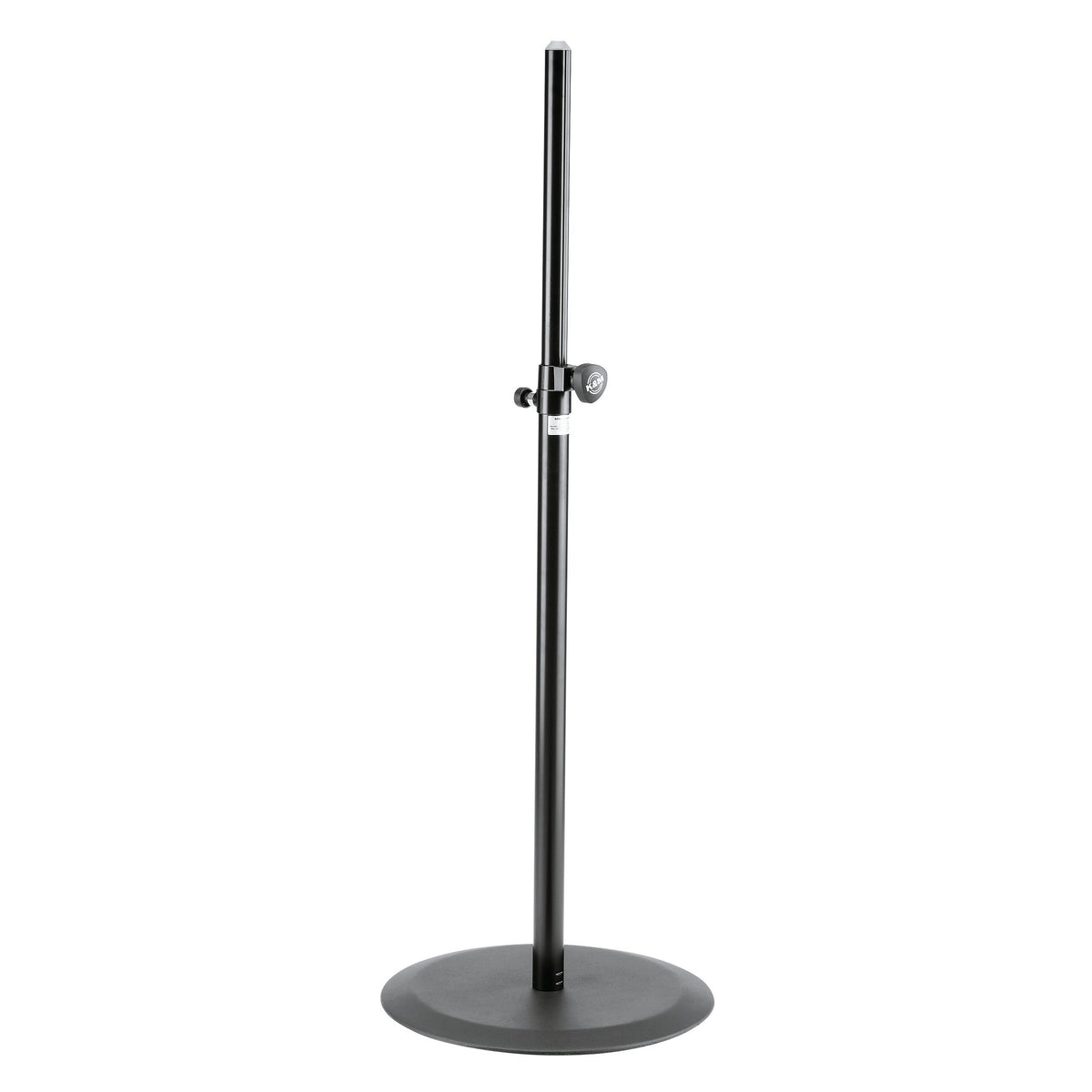26735 speaker stand full front view with black round cast iron base and telescoping column with clamp knob, K&M