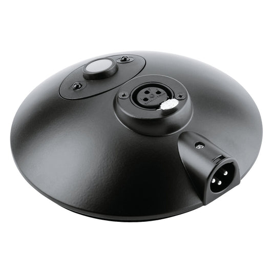 29375 compact zinc table mic base angled top view showing female XLR socket, push-button switch and male XLR output connector, K&M