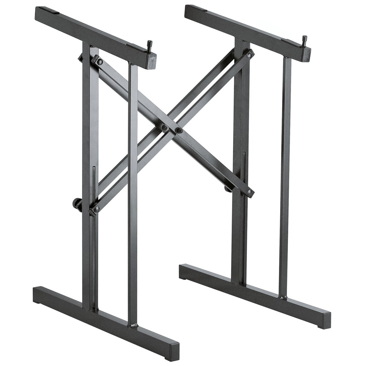 42040 mixer stand front three-quarter view showing black aluminum X-frame cross braces, T-shaped top supports and adjustment knobs, K&M