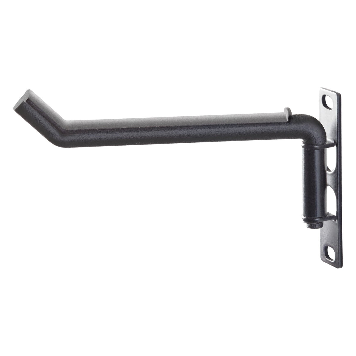 49302 headphone holder side view showing black angled hook arm, swivel joint and slotted mounting plate for 19 inch rack, K&M