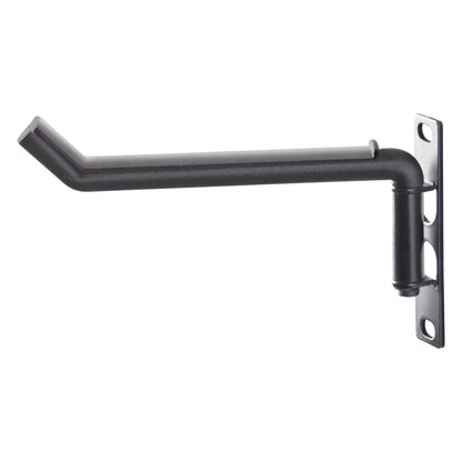 49302 headphone holder side view showing black angled hook arm, swivel joint and slotted mounting plate for 19 inch rack, K&M