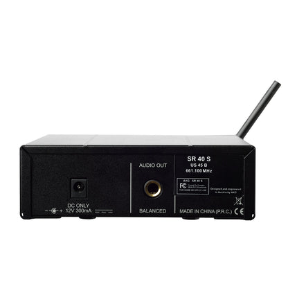 WMS40 Mini SR 40 S receiver rear panel with 12V DC input, balanced 1/4-inch audio out and fixed antenna, AKG