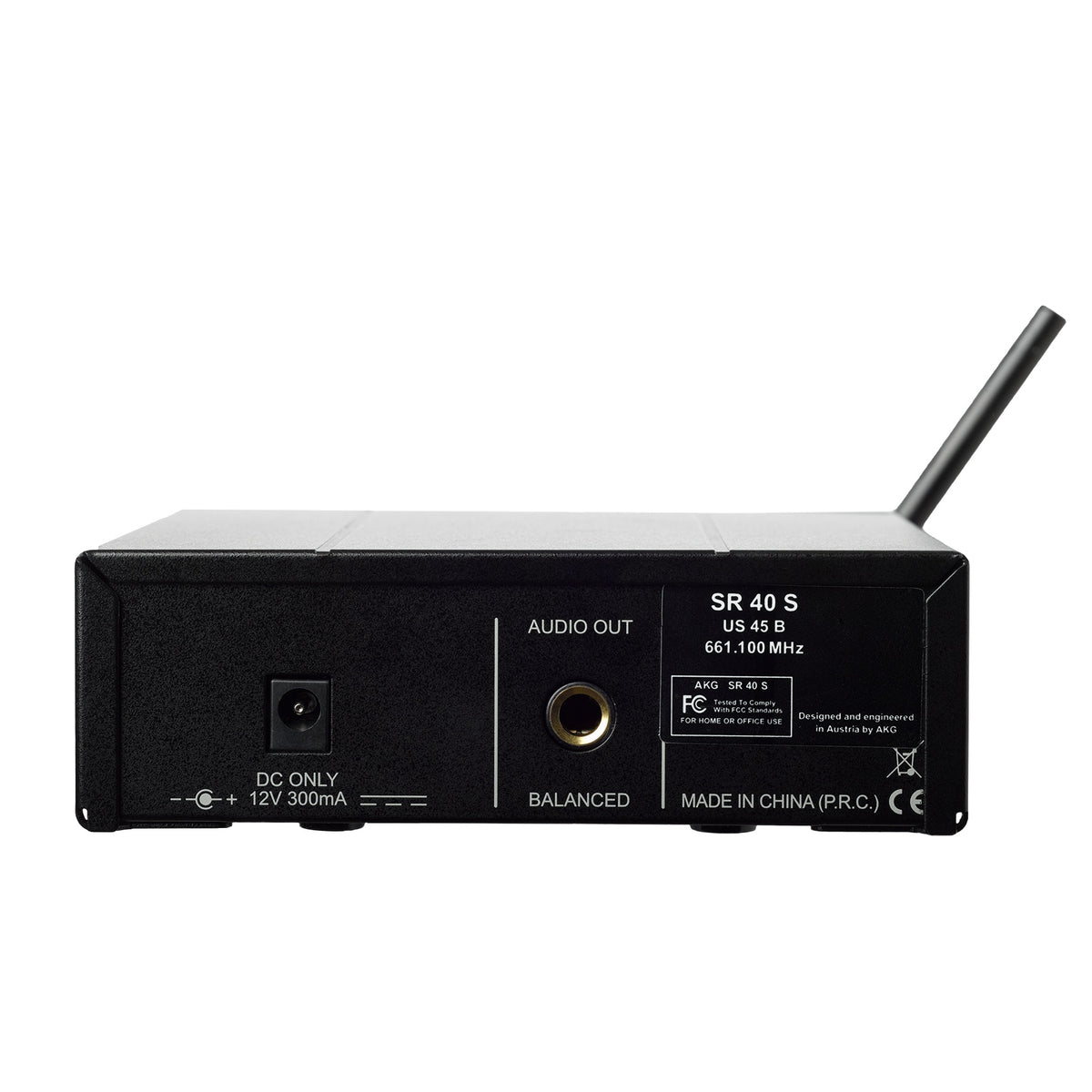 WMS40 Mini SR 40 S receiver rear panel with 12V DC input, balanced 1/4-inch audio out and fixed antenna, AKG