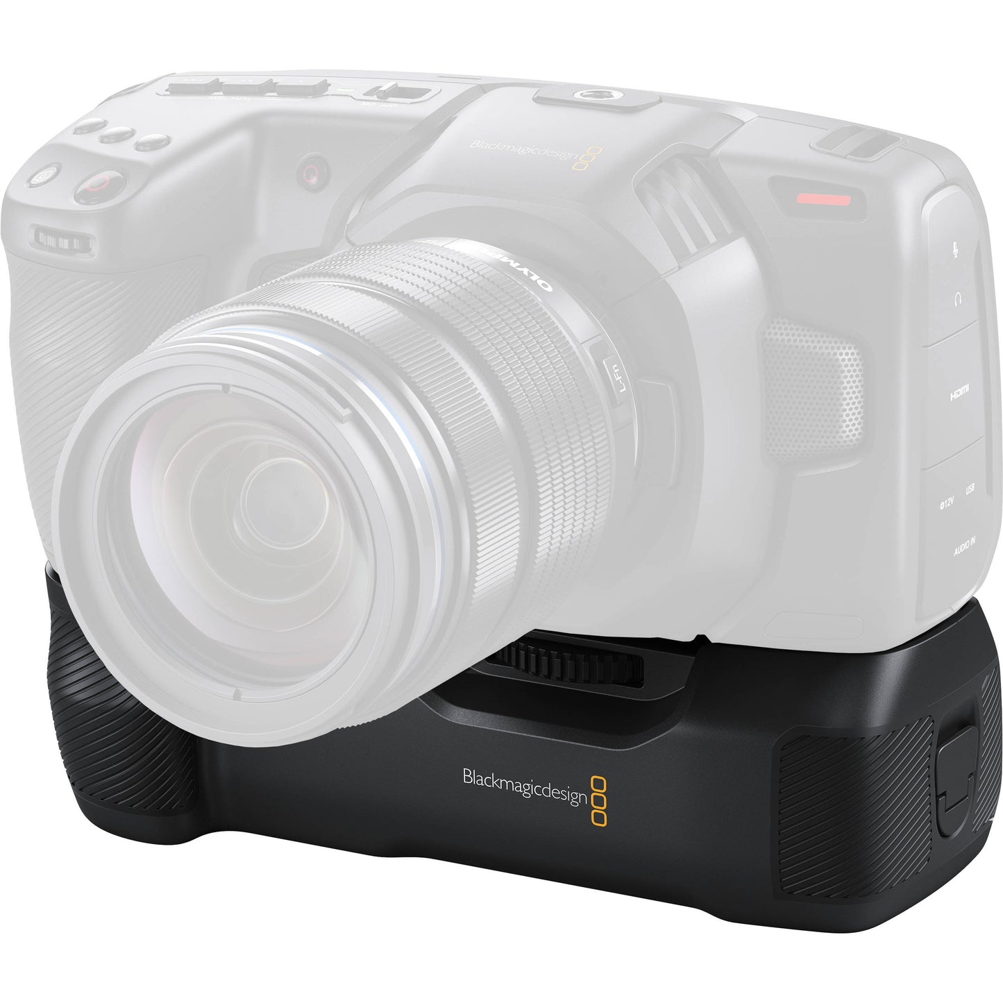 Blackmagic Design Pocket Camera Battery Grip shown attached below a ghosted camera body outline