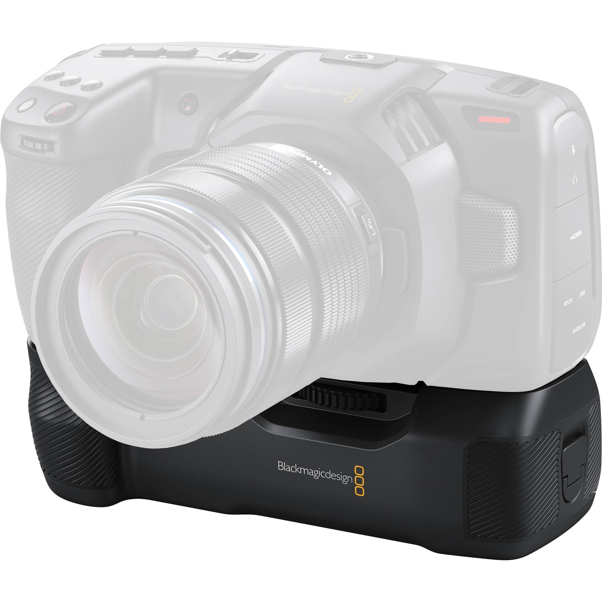Blackmagic Design Pocket Camera Battery Grip shown attached below a ghosted camera body outline