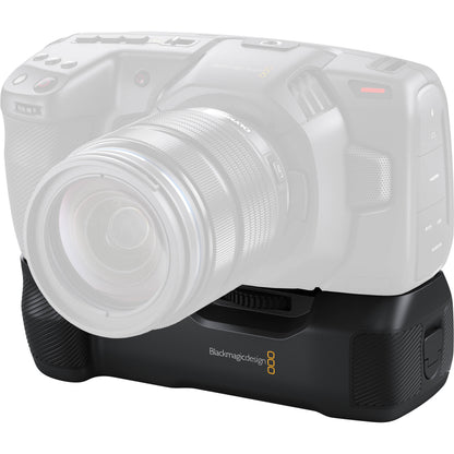 Blackmagic Design Pocket Camera Battery Grip shown attached below a ghosted camera body outline