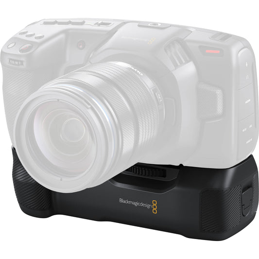 Blackmagic Design Pocket Camera Battery Grip shown attached below a ghosted camera body outline