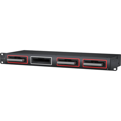 Blackmagic Design MultiDock 10G angled view with SSDs loaded in three rack-mount drive bays