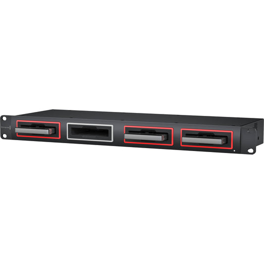 Blackmagic Design MultiDock 10G angled view with SSDs loaded in three rack-mount drive bays
