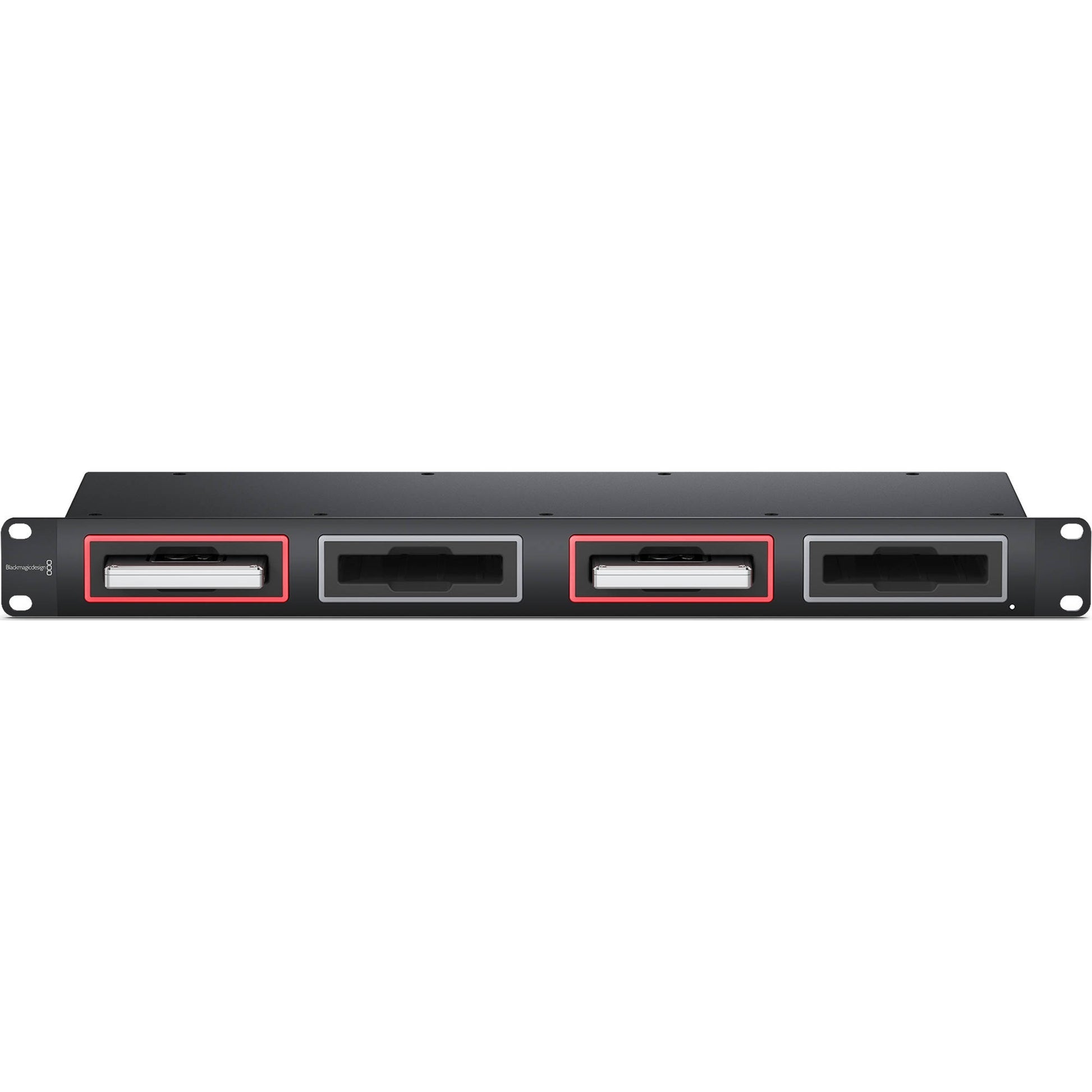 Blackmagic Design MultiDock 10G front panel showing four SSD bays and rack ears