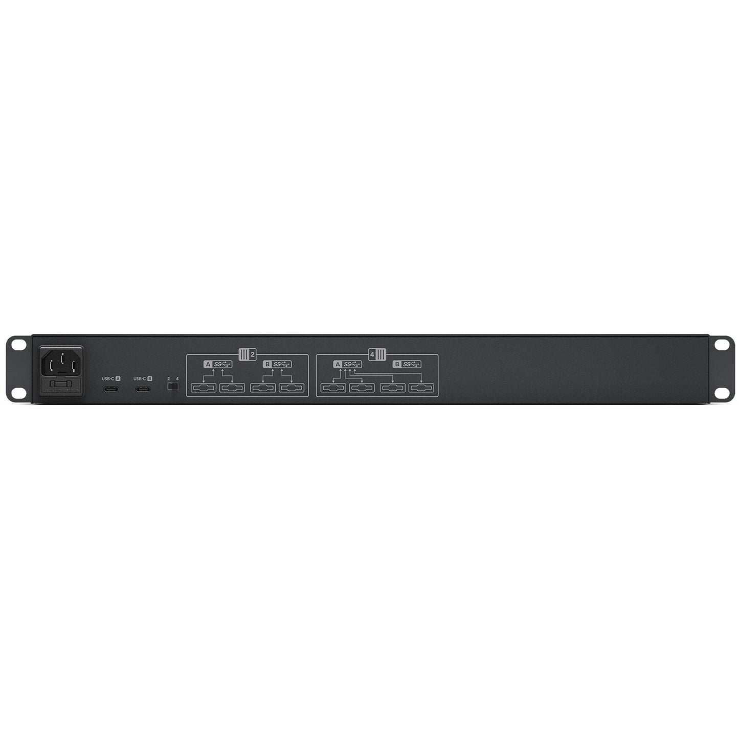 Blackmagic Design MultiDock 10G rear panel with IEC power inlet, USB-C ports, and switch
