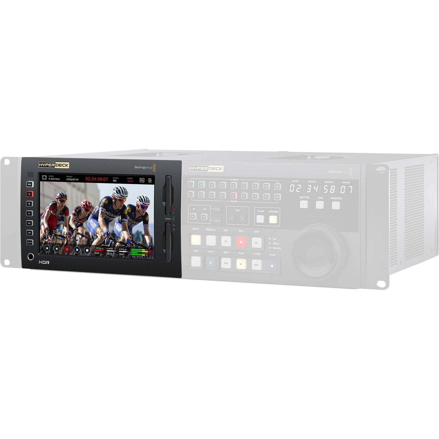 Blackmagic Design HyperDeck Extreme 8K HDR angled view with touchscreen showing cycling footage and timecode