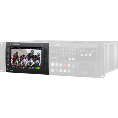 Blackmagic Design HyperDeck Extreme 8K HDR angled view with touchscreen showing cycling footage and timecode