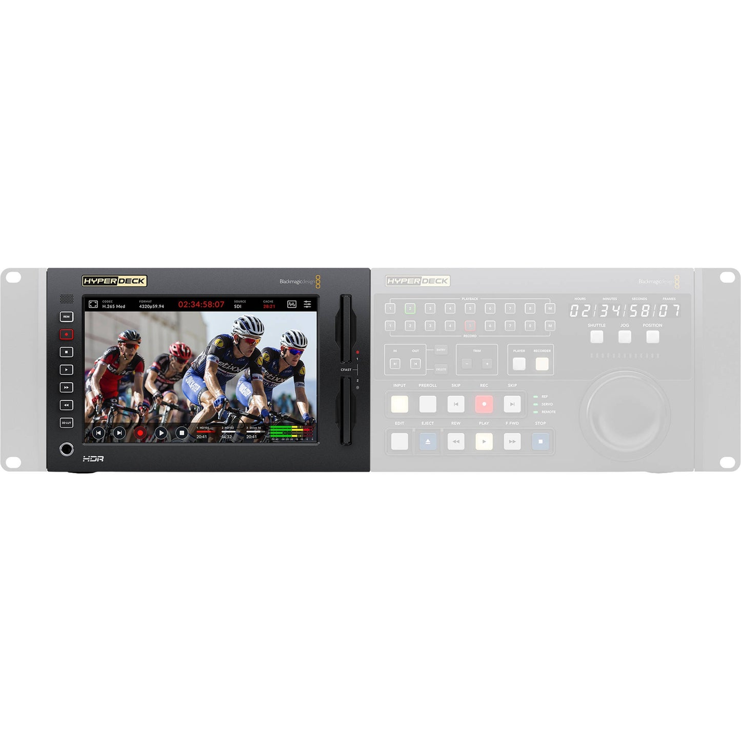 Blackmagic Design HyperDeck Extreme 8K HDR front panel with transport buttons, LCD monitor and CFast slots