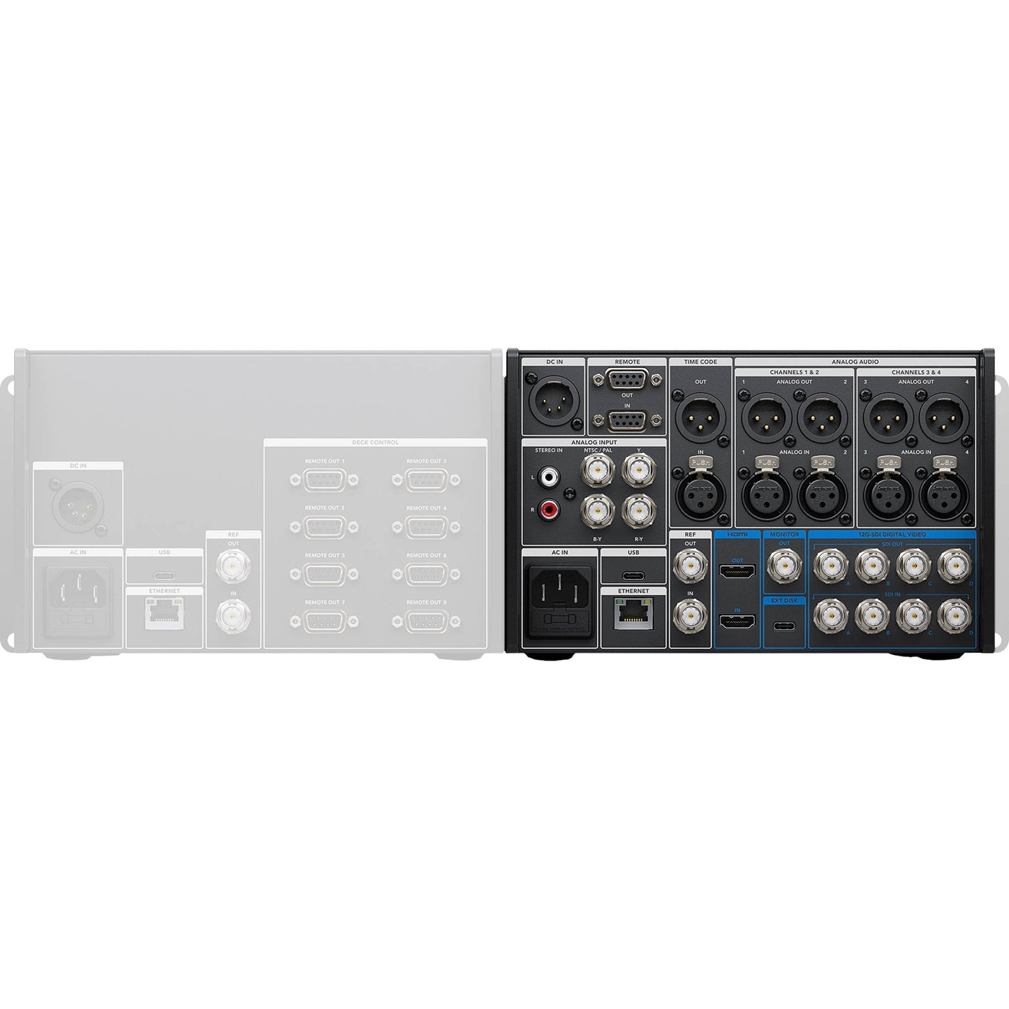 Blackmagic Design HyperDeck Extreme 8K HDR rear panel with 12G-SDI BNCs, XLR audio, HDMI and Ethernet