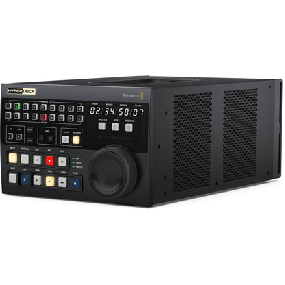 Blackmagic Design HyperDeck Extreme Control angled view showing vented side panel, jog wheel, and timecode display