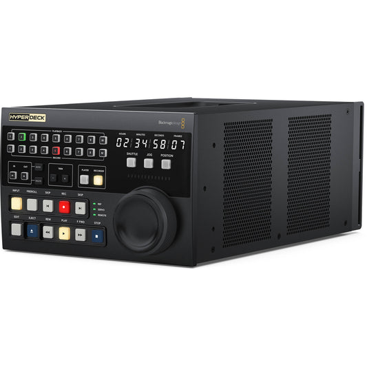 Blackmagic Design HyperDeck Extreme Control angled view showing vented side panel, jog wheel, and timecode display