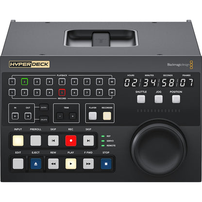 Blackmagic Design HyperDeck Extreme Control top-down view with carry handle and lit transport buttons