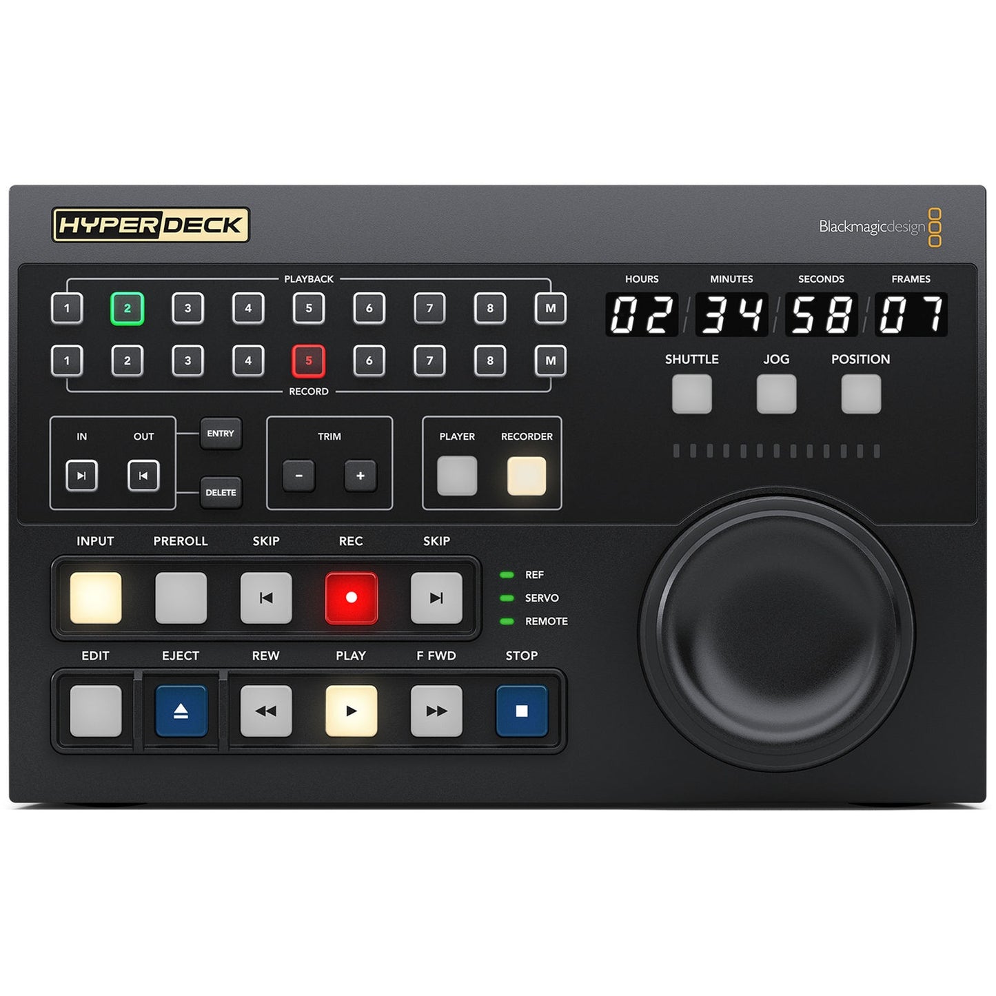 HyperDeck Extreme Control front panel detail with playback and record deck select rows, trim keys, and search dial