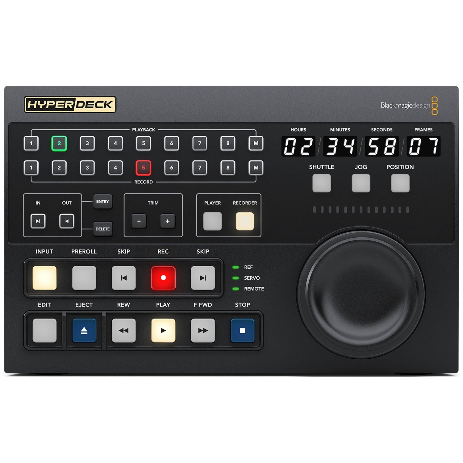HyperDeck Extreme Control front panel detail with playback and record deck select rows, trim keys, and search dial
