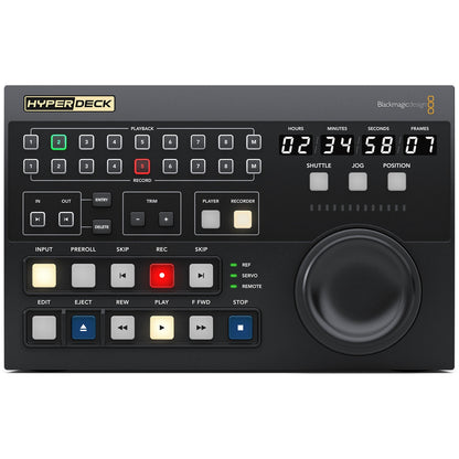 HyperDeck Extreme Control front panel detail with playback and record deck select rows, trim keys, and search dial