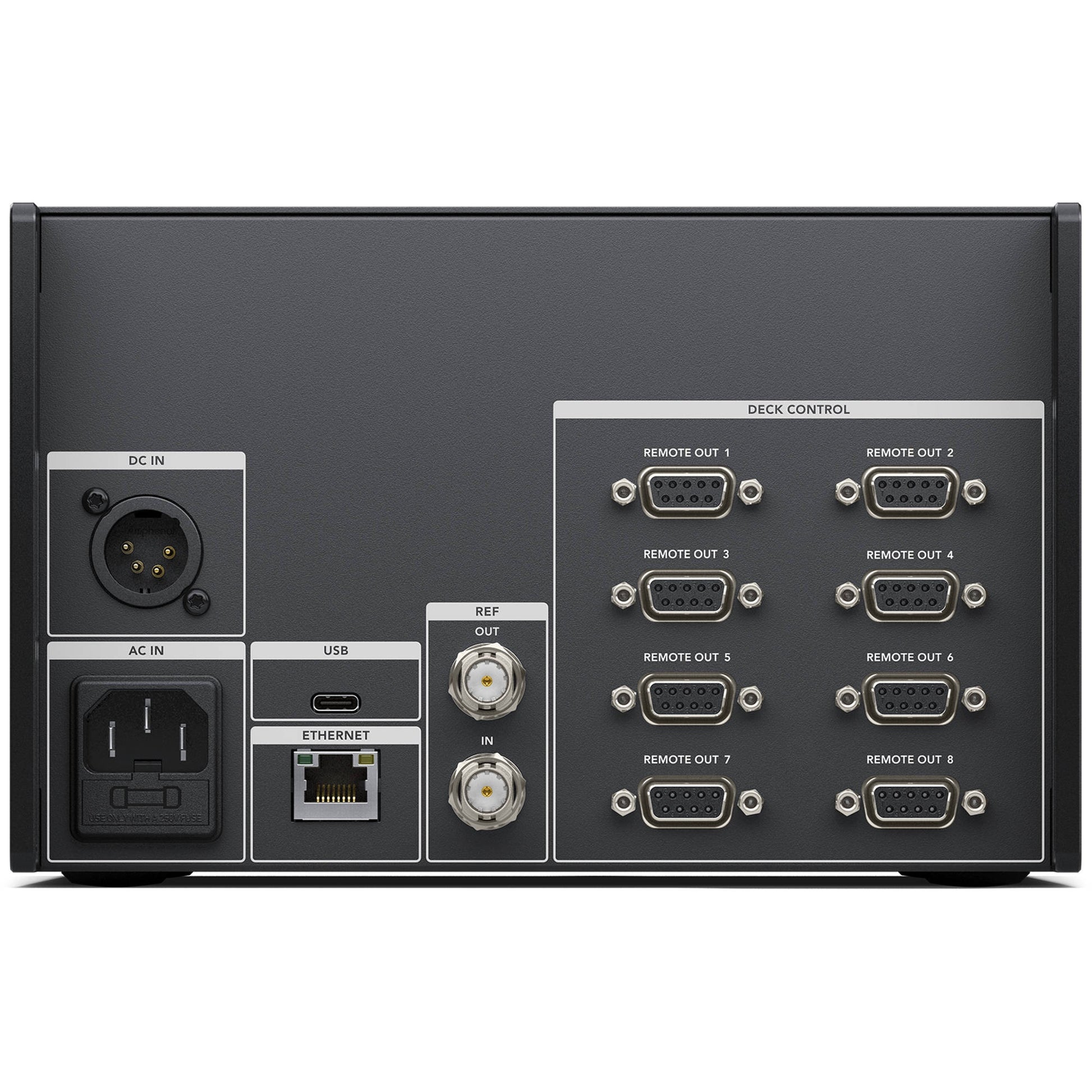 Blackmagic Design HyperDeck Extreme Control rear panel with deck control remote outs, ref BNCs, Ethernet, USB-C, and power in