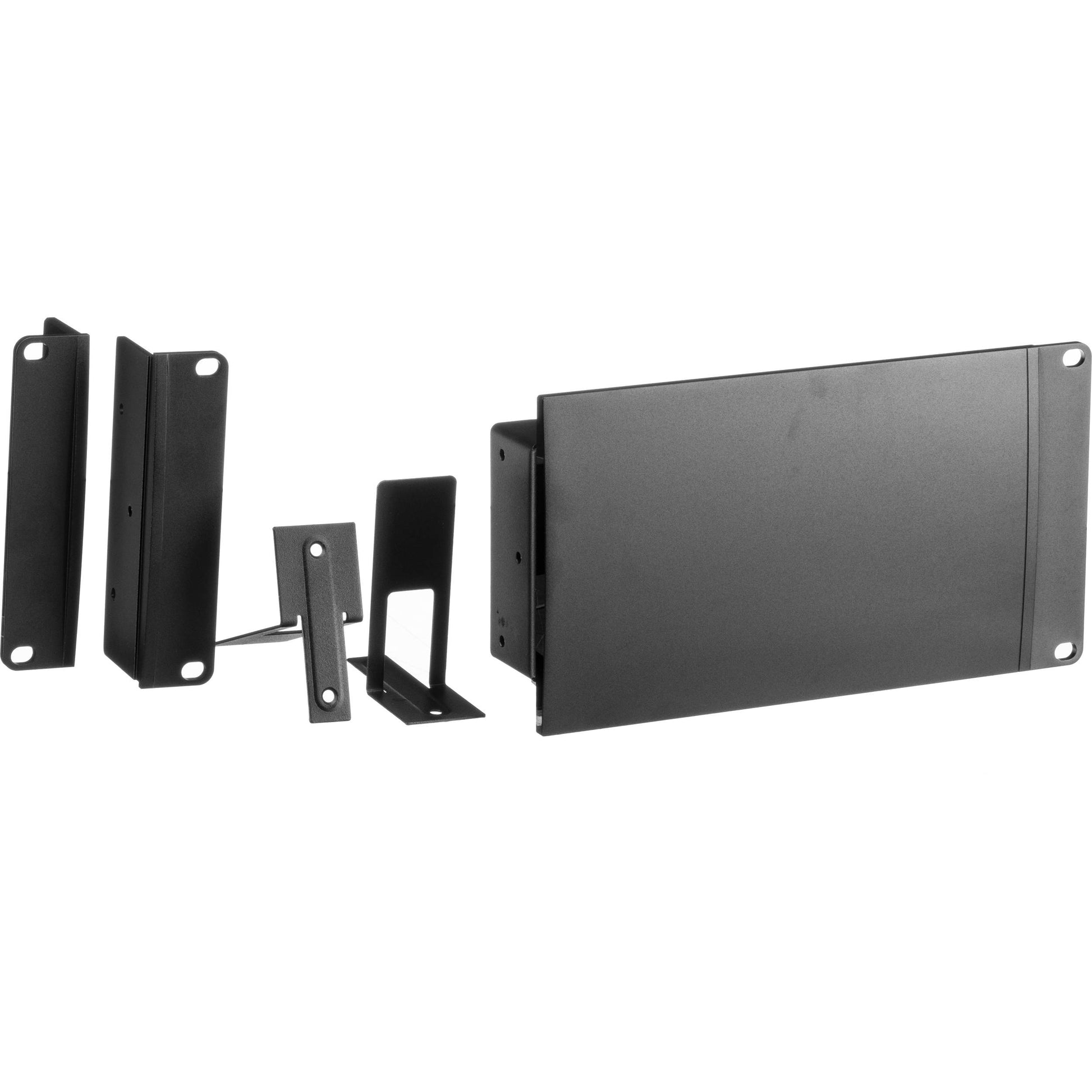 Blackmagic Design HyperDeck Extreme Rack Kit black rack shelf with side ears and support brackets, angled view