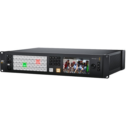 Blackmagic Design ATEM Constellation 8K live production switcher angled view with LCD preview and rack ears
